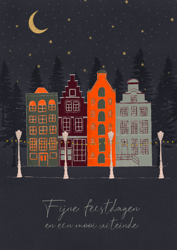 Kerstkaart met grachtenpanden op een winteravond - Kerstkaarten Kerstkaarten - Kerstkaart met grachtenpanden op een winteravond