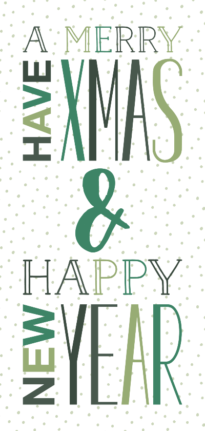 Kerstkaart met groene letters, sterren en stipjes dubbel - Kerstkaarten Kerstkaarten - Kerstkaart met groene letters, sterren en stipjes dubbel