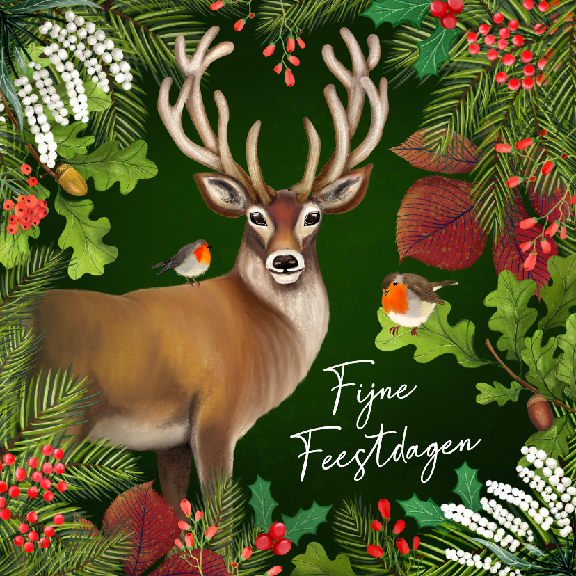 Kerstkaarten - Kerstkaart met hert, roodborstjes en takjes