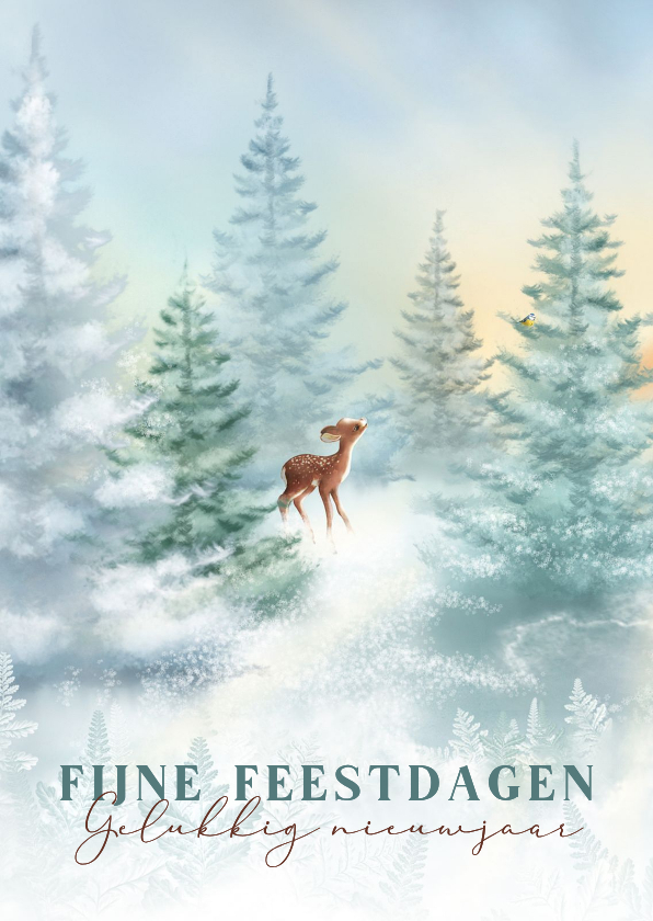 Kerstkaart met hertje in winters landschap - Kerstkaarten Kerstkaarten - Kerstkaart met hertje in winters landschap