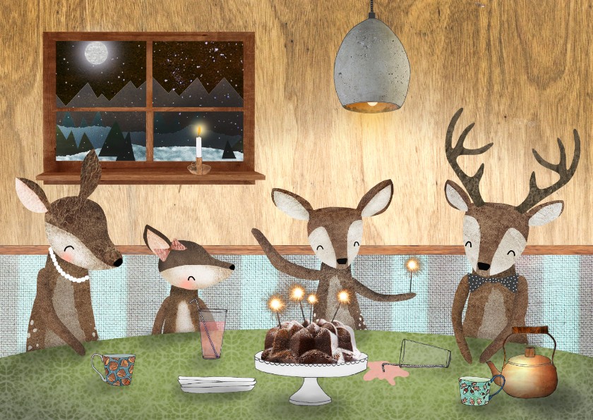 Kerstkaart met hertjes aan een gezellige tafel - Kerstkaarten Kerstkaarten - Kerstkaart met hertjes aan een gezellige tafel