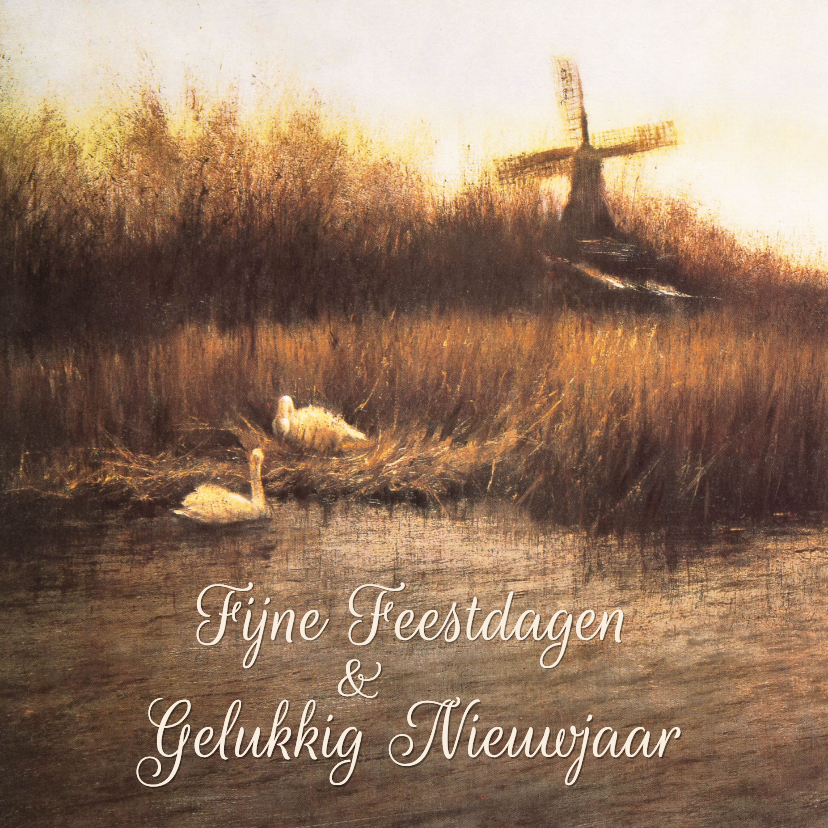 Kerstkaart met Hollands landschap en zwanen - Kerstkaarten Kerstkaarten - Kerstkaart met Hollands landschap en zwanen