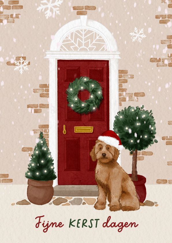 Kerstkaart met hondje en kerstkrans - Kerstkaarten Kerstkaarten - Kerstkaart met hondje en kerstkrans