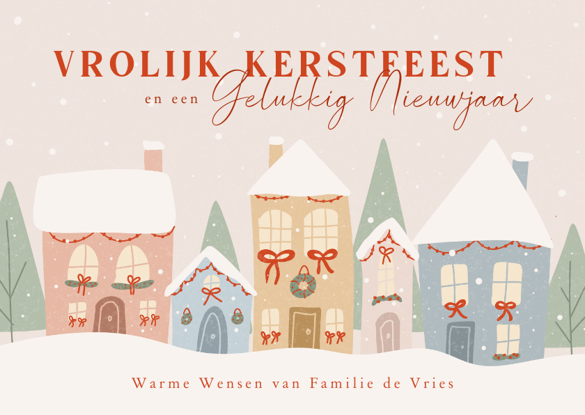 Kerstkaarten - Kerstkaart met huisjes in de sneeuw in zachte kleuren