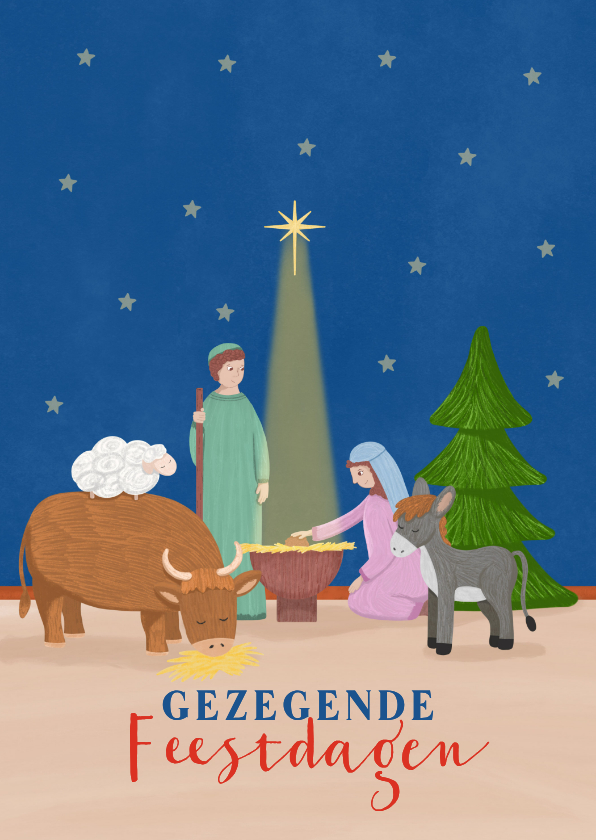 Kerstkaart met illustratie Jozef Maria en Jezus dieren ster - Kerstkaarten Kerstkaarten - Kerstkaart met illustratie Jozef Maria en Jezus dieren ster
