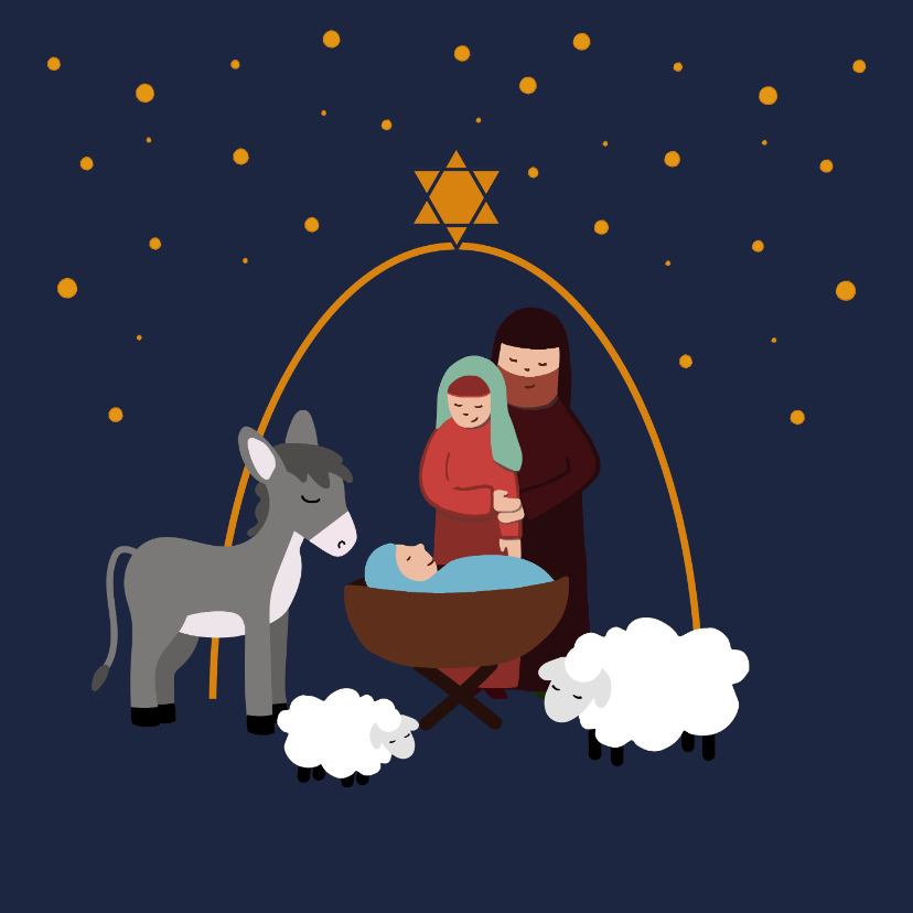 Kerstkaarten - Kerstkaart met illustratie Jozef Maria Jezus in de stal