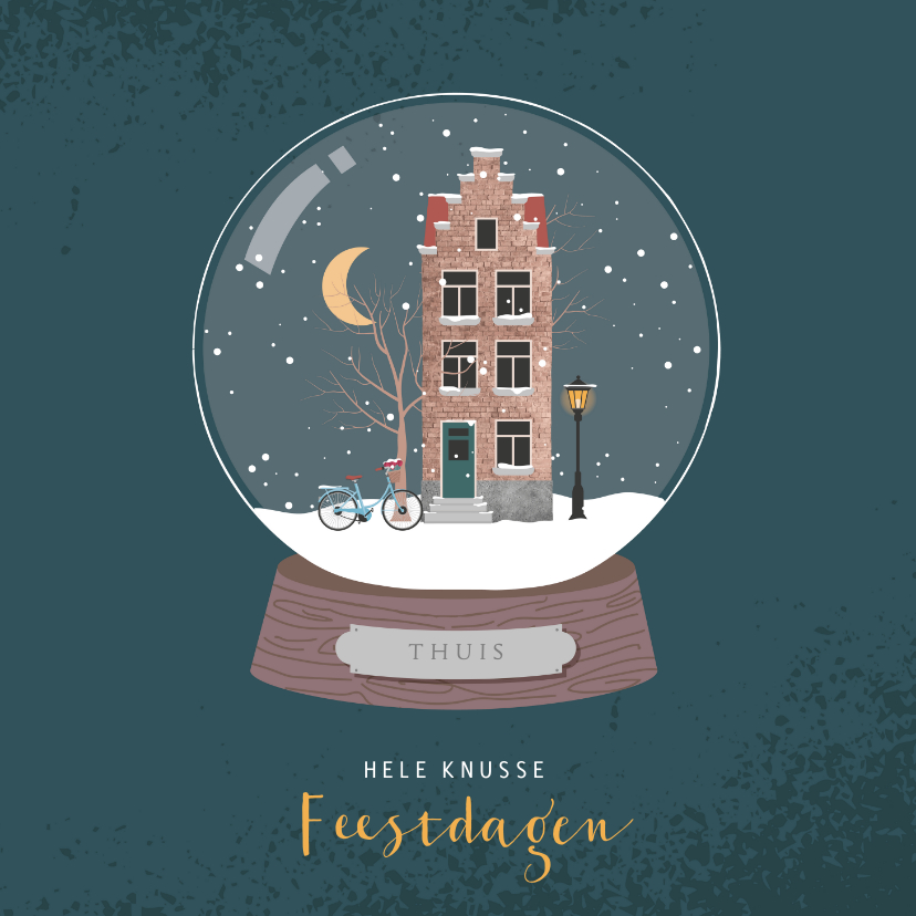 Kerstkaarten - Kerstkaart met illustratie van een sneeuwbol met huisje
