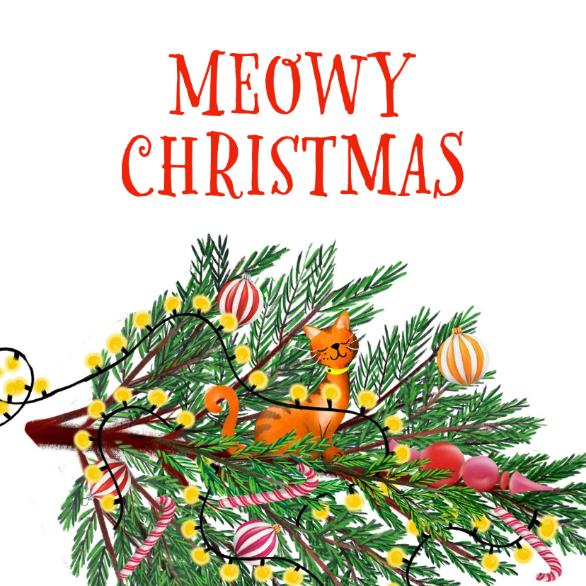 Kerstkaart met kat en kerstboom - Kerstkaarten Kerstkaarten - Kerstkaart met kat en kerstboom