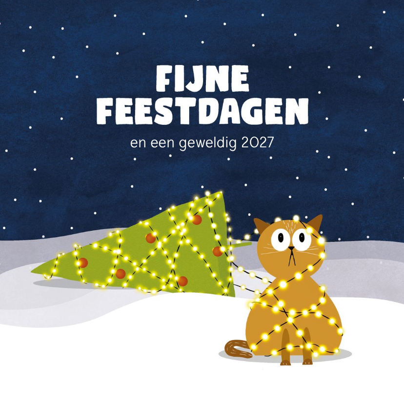 Kerstkaart met kat verstrikt in kerstlampjes - Kerstkaarten Kerstkaarten - Kerstkaart met kat verstrikt in kerstlampjes