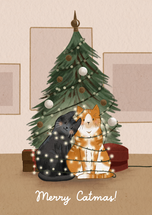 Kerstkaarten - Kerstkaart met katten en kerstboom