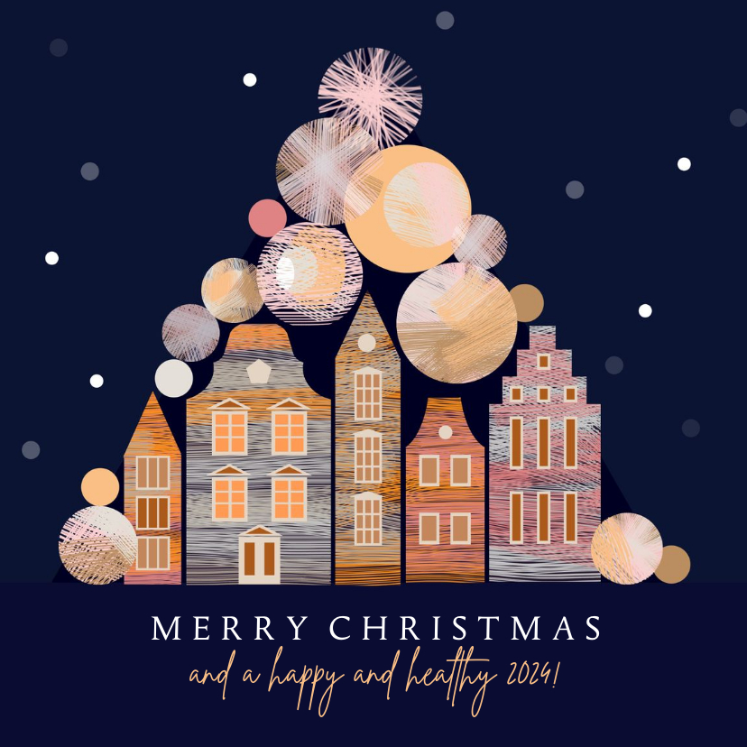 Kerstkaart met kerstballen en Amsterdam huisjes - Kerstkaarten Kerstkaarten - Kerstkaart met kerstballen en Amsterdam huisjes