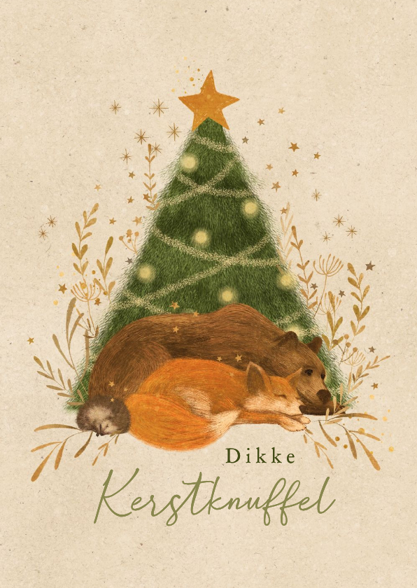 Kerstkaart met kerstboom en lieve slapende beer, vos en egel - Kerstkaarten Kerstkaarten - Kerstkaart met kerstboom en lieve slapende beer, vos en egel