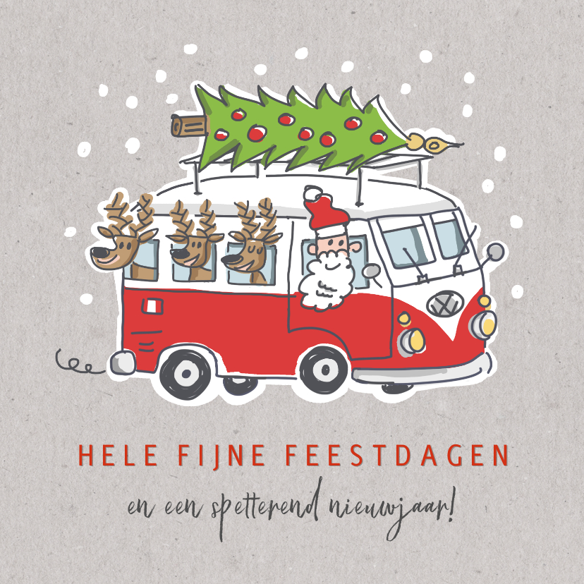 Kerstkaarten - Kerstkaart met kerstman en 3 rendieren in vw busje