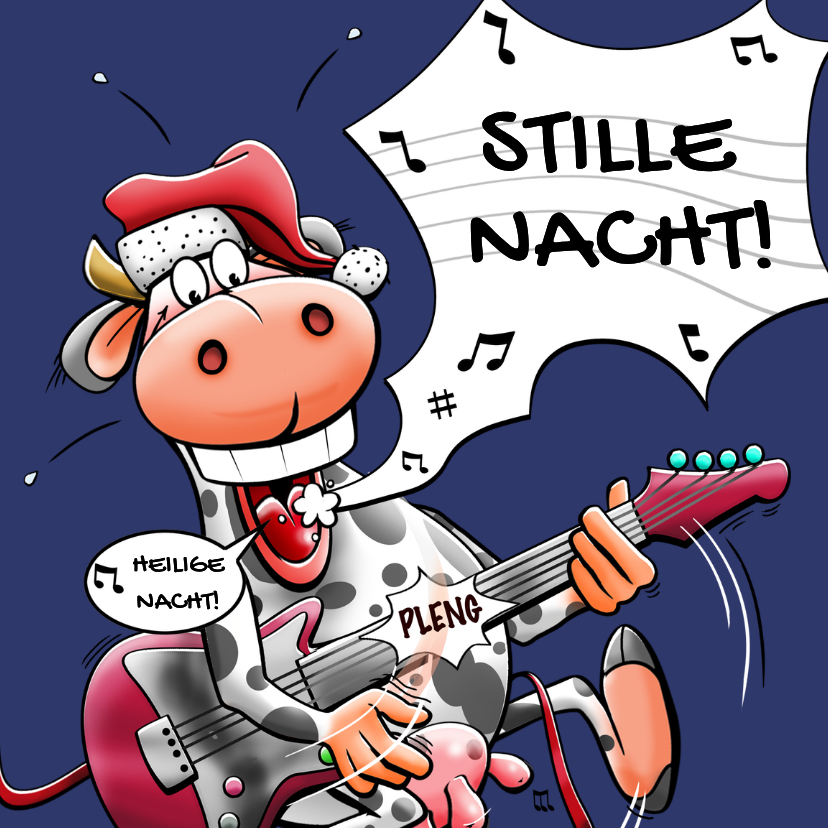 Kerstkaart met koe en rode gitaar die op zijn hardst zingt - Kerstkaarten Kerstkaarten - Kerstkaart met koe en rode gitaar die op zijn hardst zingt