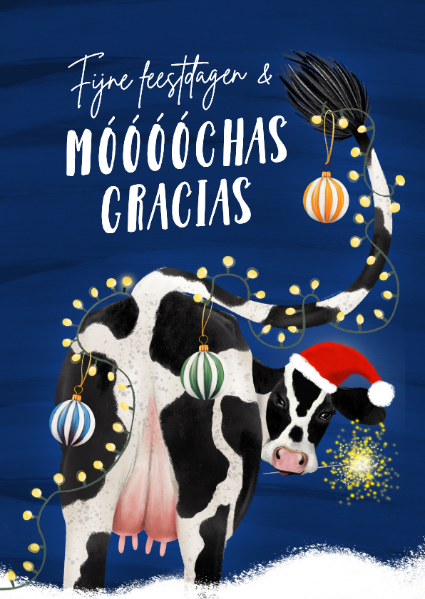 Kerstkaarten - Kerstkaart met koe lichtjes en kerstballen