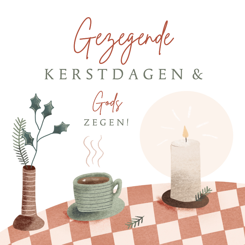 Kerstkaart met kopje kaars en kersttak en bijbeltekst - Kerstkaarten Kerstkaarten - Kerstkaart met kopje kaars en kersttak en bijbeltekst