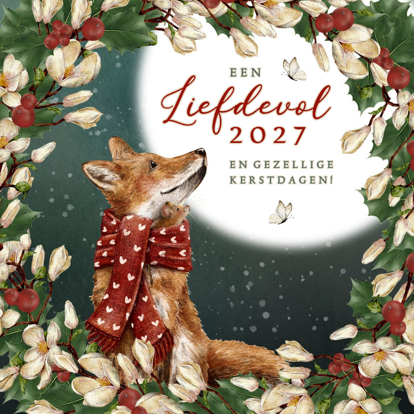 Kerstkaart met krans en vos met muisje in sjaal - Kerstkaarten Kerstkaarten - Kerstkaart met krans en vos met muisje in sjaal
