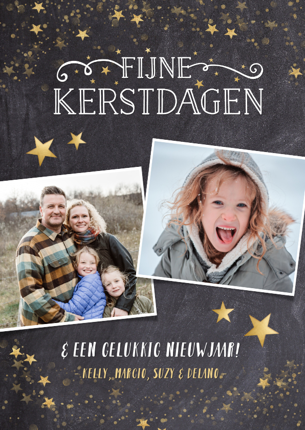 Kerstkaart met krijtbord achtergrond en gouden sterren - Kerstkaarten Kerstkaarten - Kerstkaart met krijtbord achtergrond en gouden sterren