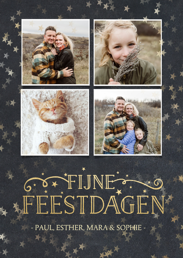 Kerstkaarten - Kerstkaart met krijtbord achtergrond, sterren en 4 foto's 