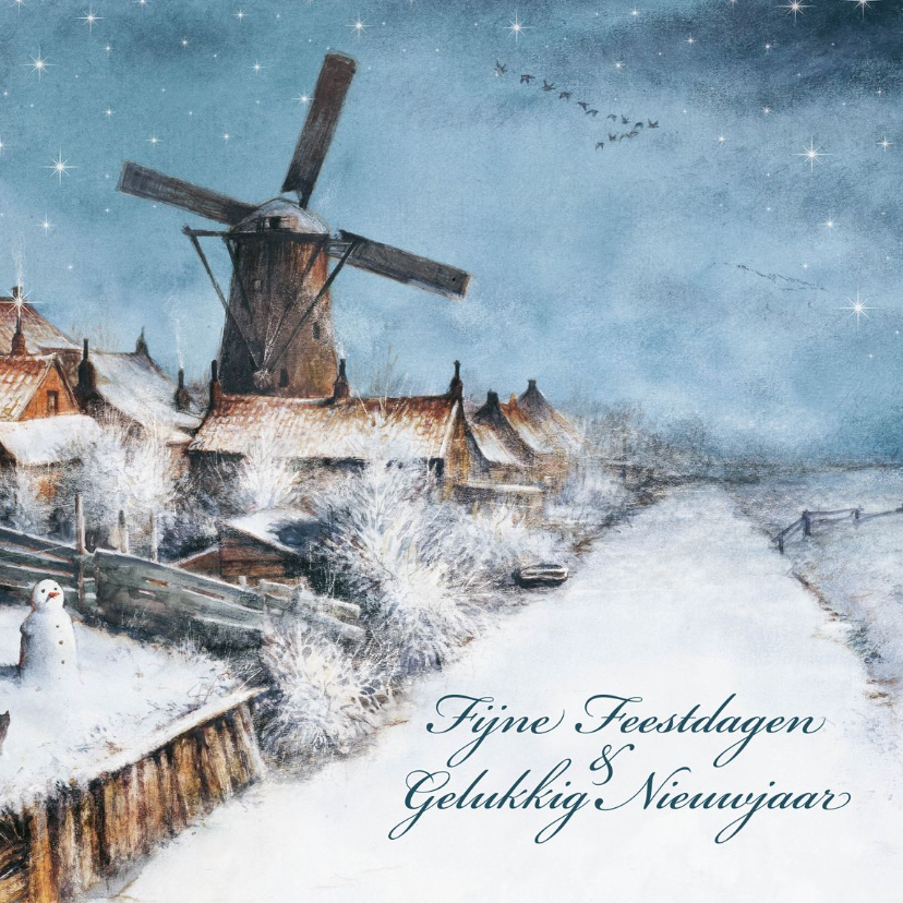 Kerstkaart met molen in winters landschap - Kerstkaarten Kerstkaarten - Kerstkaart met molen in winters landschap
