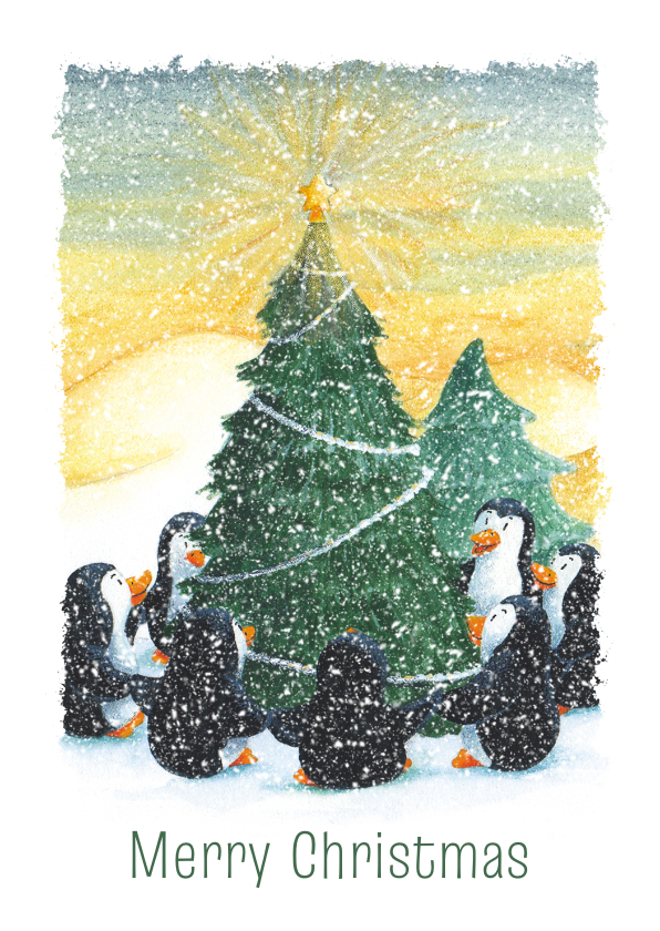 Kerstkaarten - Kerstkaart met pinguïns om de kerstboom