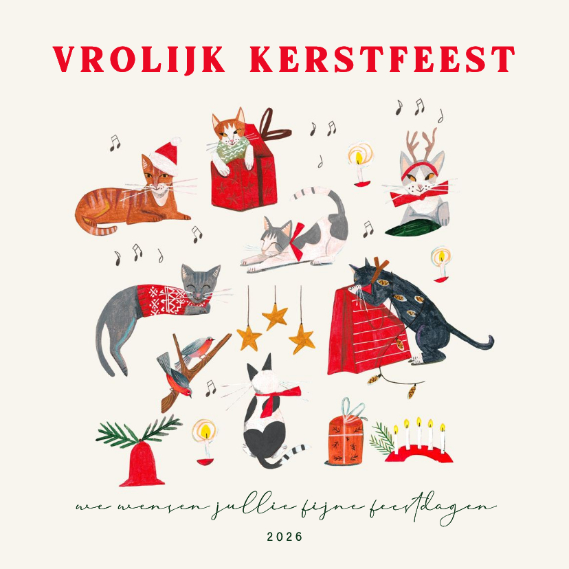 Kerstkaart met poezen en kerst decoratie - Kerstkaarten Kerstkaarten - Kerstkaart met poezen en kerst decoratie
