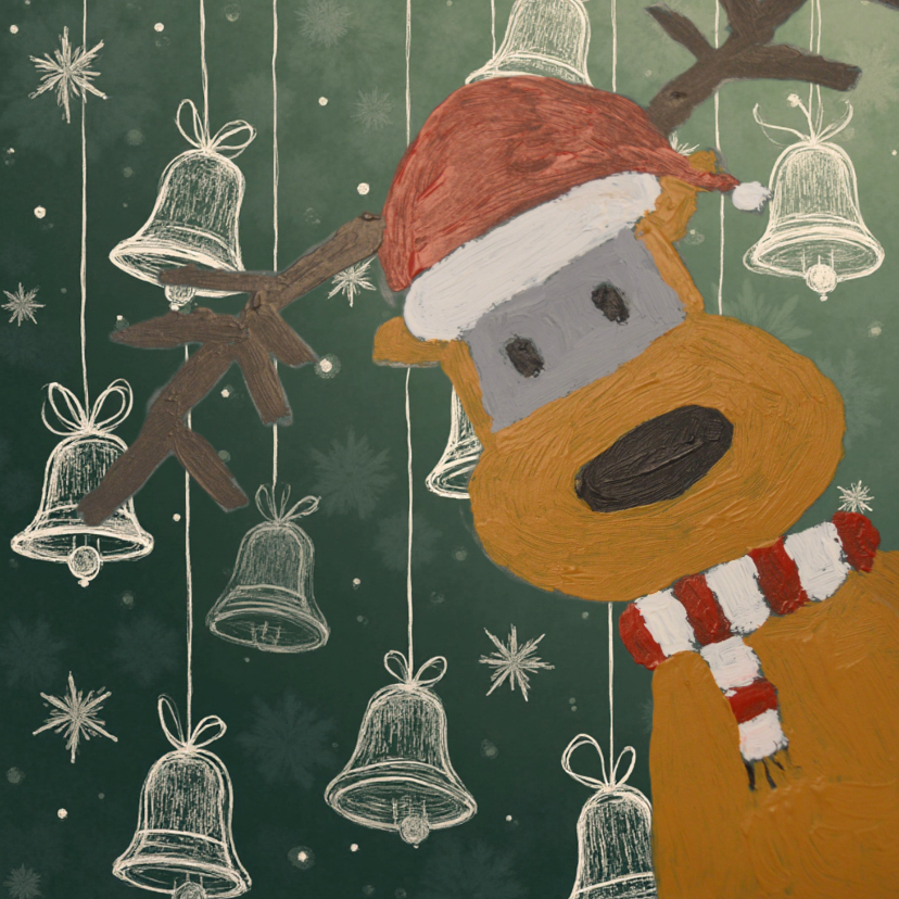 Kerstkaarten - Kerstkaart met rendier en kerstklokjes