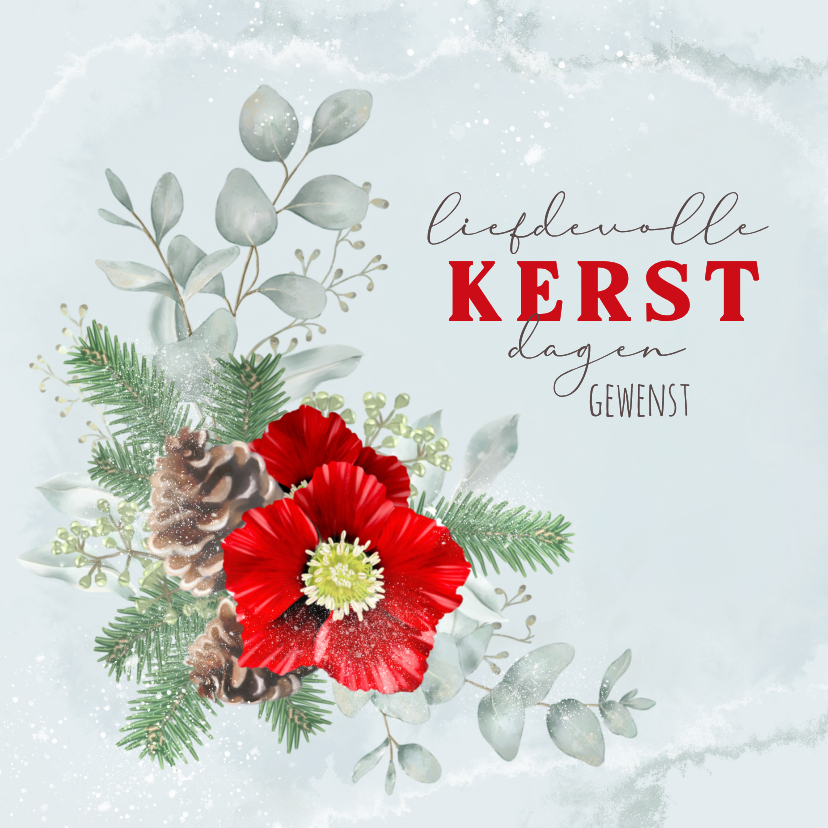 Kerstkaarten - Kerstkaart met rode kerstroos en eucalyptus