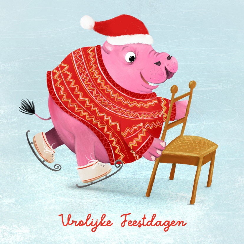 Kerstkaarten - Kerstkaart met schaatsend nijlpaard