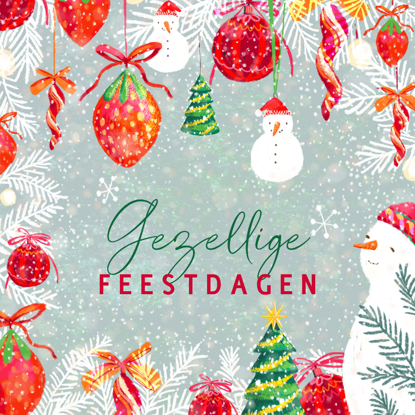 Kerstkaart met sneeuwman en kerstballen - Kerstkaarten Kerstkaarten - Kerstkaart met sneeuwman en kerstballen