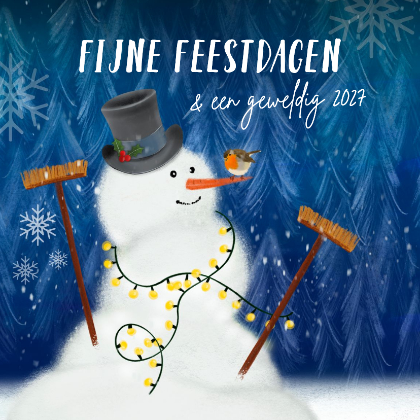 Kerstkaart met sneeuwpop en roodborstje in de sneeuw - Kerstkaarten Kerstkaarten - Kerstkaart met sneeuwpop en roodborstje in de sneeuw