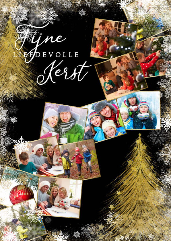 Kerstkaarten - Kerstkaart met sterren en collage van 12 foto's