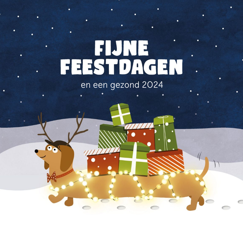 Kerstkaart met teckel hond met kerstcadeaus - Kerstkaarten Kerstkaarten - Kerstkaart met teckel hond met kerstcadeaus