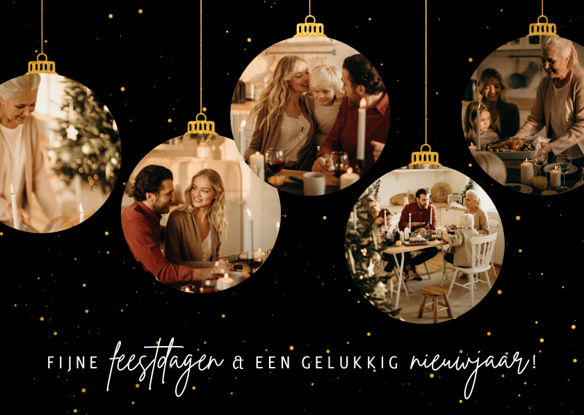 Kerstkaart met vijf gouden kerstballen met foto's - Kerstkaarten Kerstkaarten - Kerstkaart met vijf gouden kerstballen met foto's