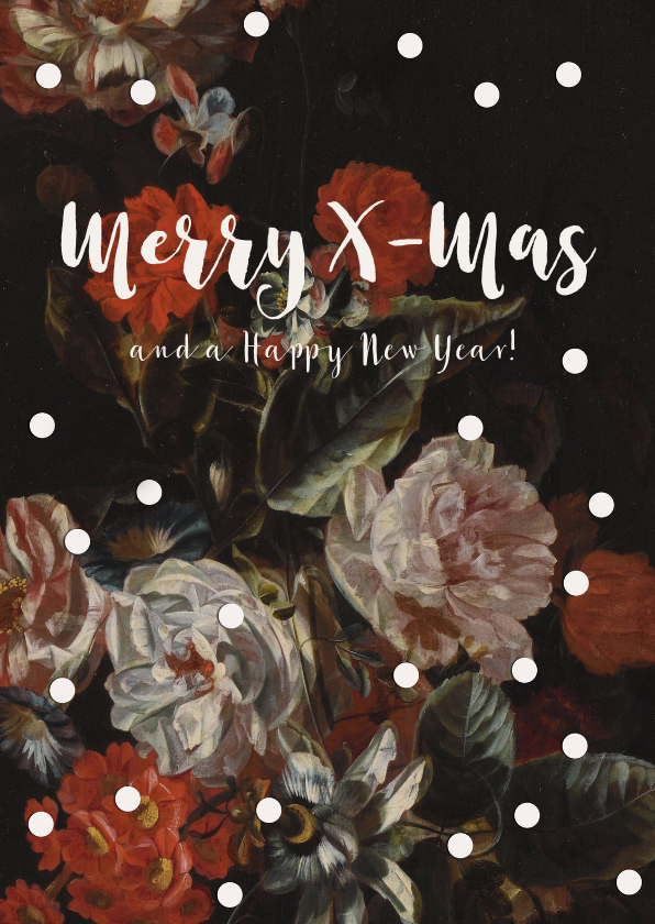 Kerstkaart met vintage bloemen en witte stippen - Kerstkaarten Kerstkaarten - Kerstkaart met vintage bloemen en witte stippen