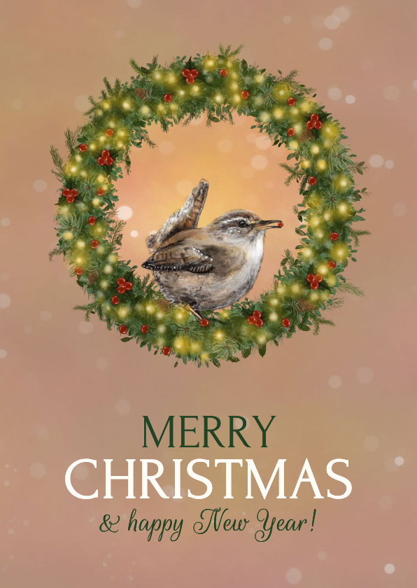 Kerstkaart met vogel en kerstkrans Merry Christmas - Kerstkaarten Kerstkaarten - Kerstkaart met vogel en kerstkrans Merry Christmas