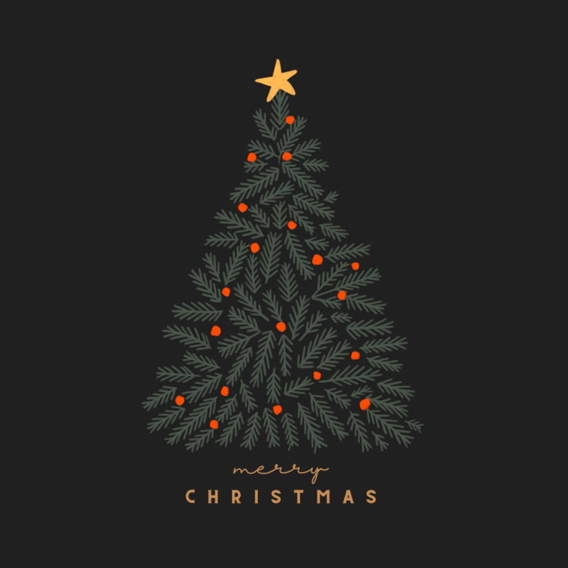 Kerstkaarten - Kerstkaart minimalistische kersttakken oranje ballen donker