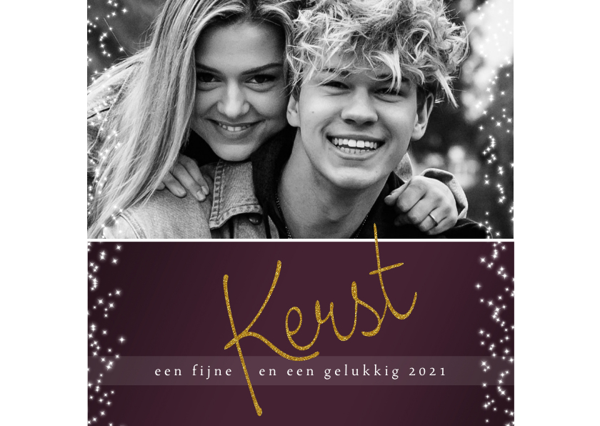 Kerstkaart modern, met foto, sterretjes en tekst in goudlook - Kerstkaarten Kerstkaarten - Kerstkaart modern, met foto, sterretjes en tekst in goudlook