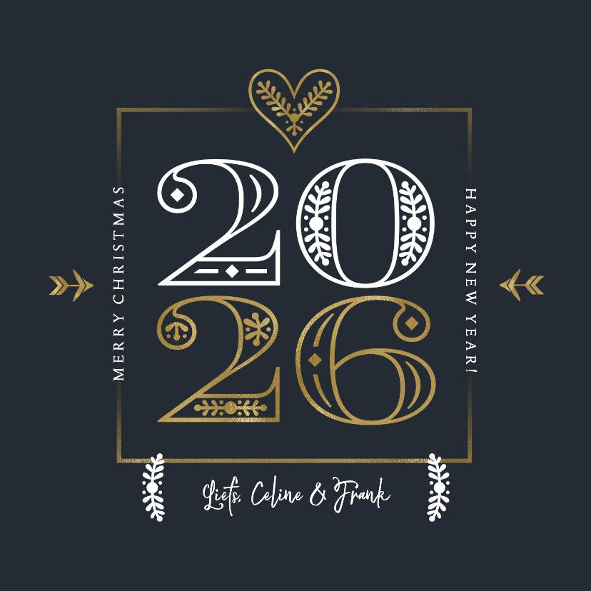 Kerstkaarten - Kerstkaart modern typografisch 2026 retro hartje goud