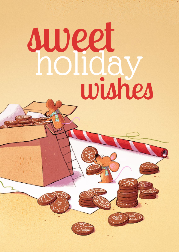 Kerstkaart muisjes die koekjes inpakken - Kerstkaarten Kerstkaarten - Kerstkaart muisjes die koekjes inpakken