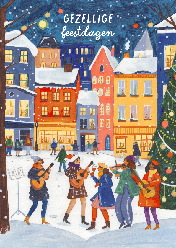 Kerstkaart muziek in de stad in de sneeuw - Kerstkaarten Kerstkaarten - Kerstkaart muziek in de stad in de sneeuw