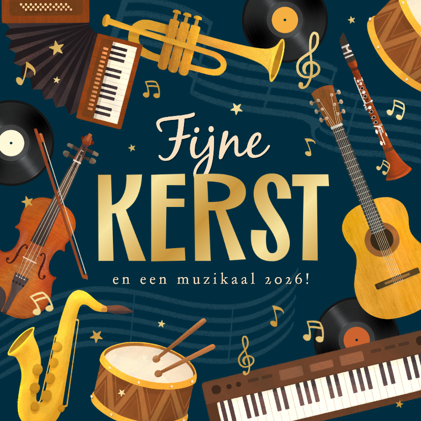 Kerstkaarten - Kerstkaart muziek instrumenten kerst 2026 sterren