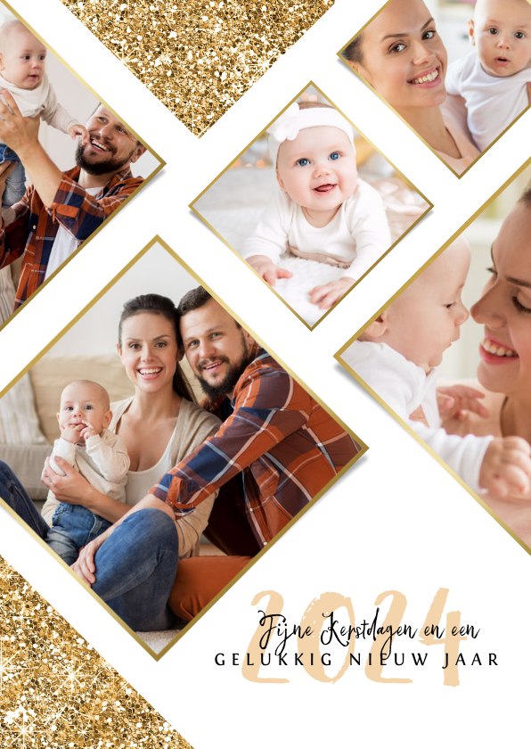 Kerstkaart nieuwjaar goud fotocollage ruitjes - Kerstkaarten Kerstkaarten - Kerstkaart nieuwjaar goud fotocollage ruitjes