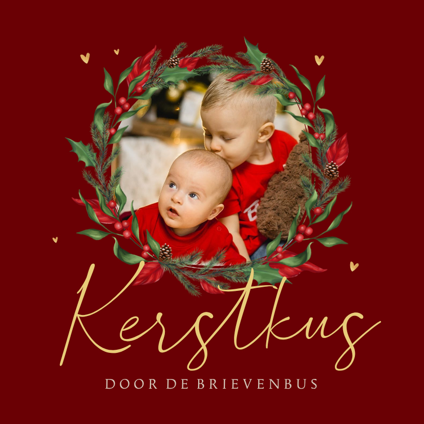 Kerstkaart nostalgisch kerstkus krans hartjes foto takjes - Kerstkaarten Kerstkaarten - Kerstkaart nostalgisch kerstkus krans hartjes foto takjes