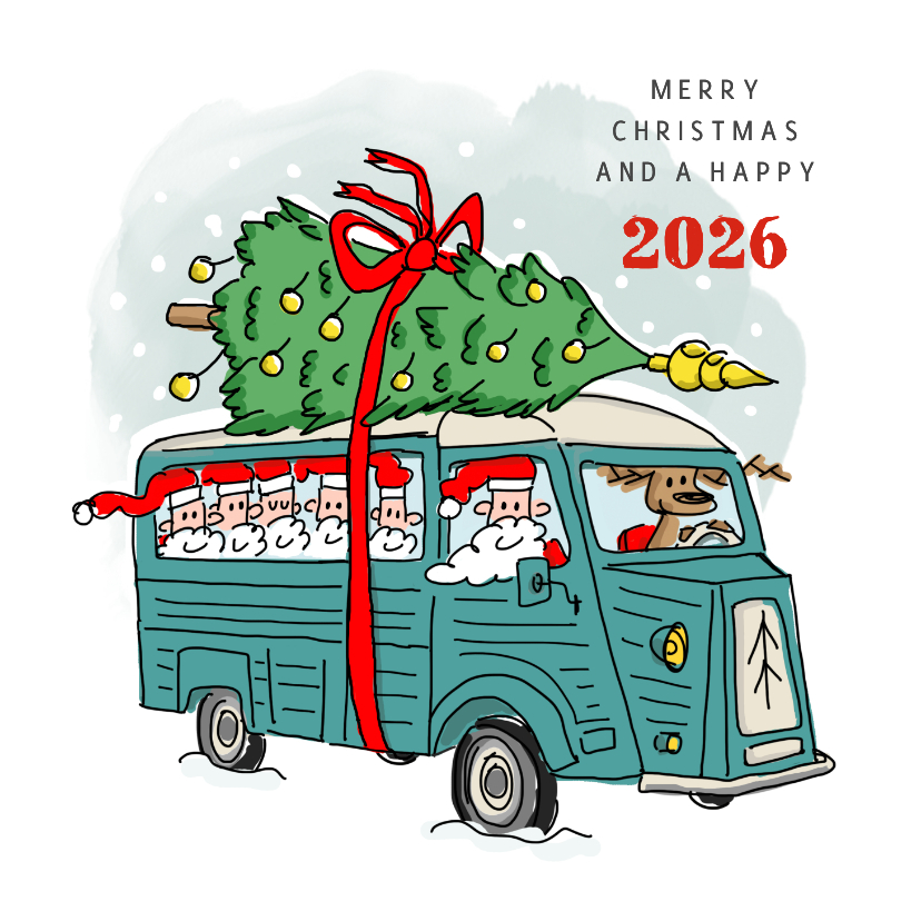 Kerstkaarten - Kerstkaart oldtimer bus met kerstmannen en kerstboom