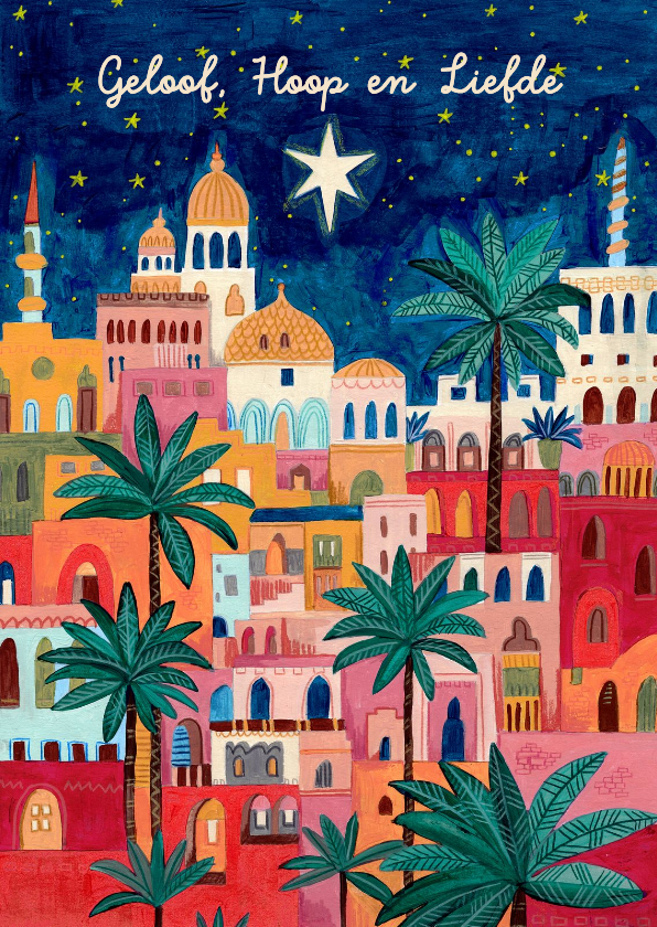 Kerstkaart oriëntaalse stad bethlehem onder sterren hemel - Kerstkaarten Kerstkaarten - Kerstkaart oriëntaalse stad bethlehem onder sterren hemel
