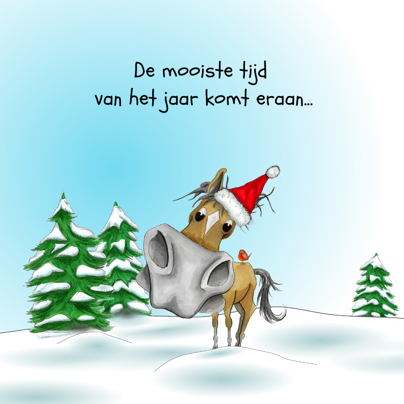 Kerstkaarten - Kerstkaart paard met kerstmuts