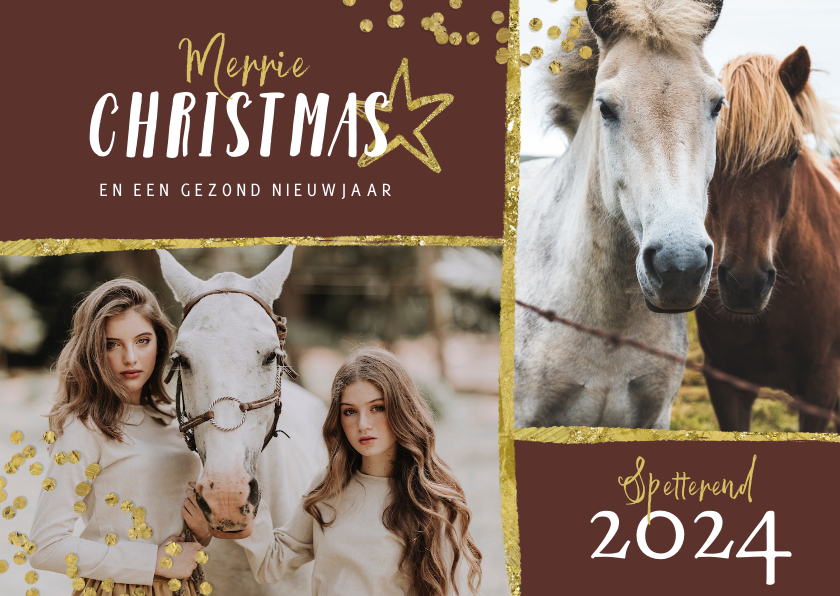 Kerstkaarten - Kerstkaart paarden goud stijlvol manege sterren