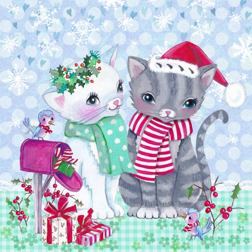 Kerstkaart Poezen kerst winter - Kerstkaarten Kerstkaarten - Kerstkaart Poezen kerst winter