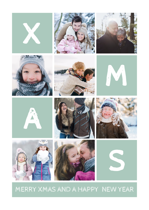 Kerstkaart rechthoekig XMAS met vakjes en foto's - Kerstkaarten Kerstkaarten - Kerstkaart rechthoekig XMAS met vakjes en foto's